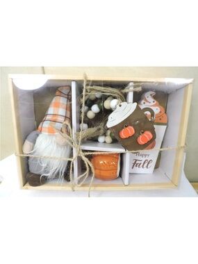 Fall Gnome Fall Decor Set 4 Piece  NIB Set Gnome, Pumpkin, Wood Figures, etc